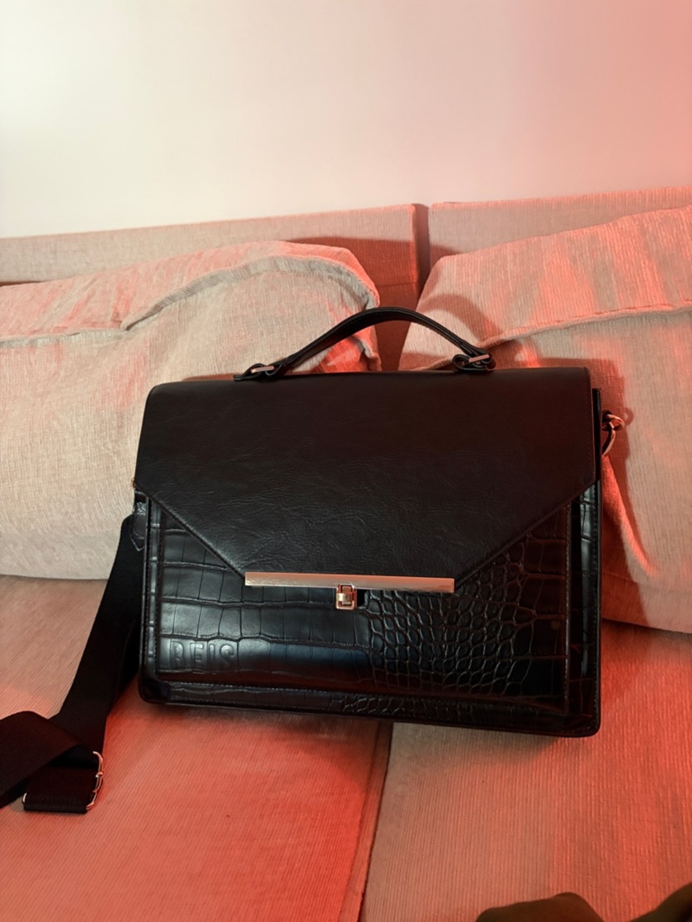 BEIS Black Croc-Embossed messenger bag